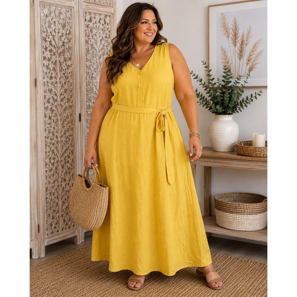 Barbara Lesser Yellow Linen Maxi Dress Sleeveless V-Neck Belted Mustard Summer